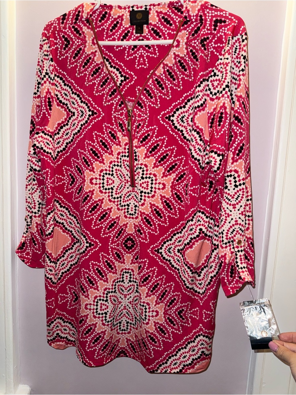 Bright Pink Patterned V-Neck Tunic Blouse with Zip